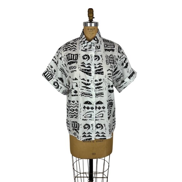Vintage 80s Tropical Shirt Womens XL Black White Fish Ethnic Print Cuffed Sleeve - Picture 1 of 10